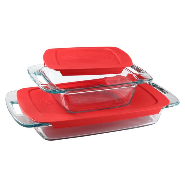 Pyrex Easy Grab 4-Piece Glass Baking Dish Set with Lids, 3-Qt 2-Qt Glass Bakeware Set, Non-Toxic, BPA-Free Lids, Tempered Glass Bakeware Set