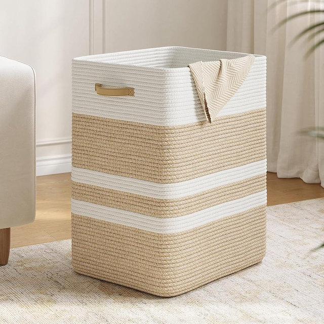 Nunsino 87L Laundry Hamper,Laundry Basket with Leather Handles,Woven Storage Basket for Toys,Pillows,Blankets,Clothes,Brown&White