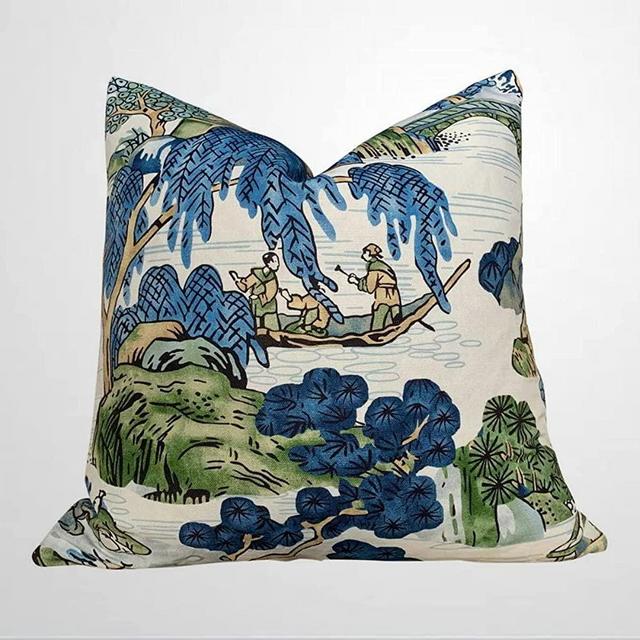 ArogGeld Thibaut Asian Scenic Pillow in Blue and Kelly Green Lumbar Decor Ative Pillow Chinoiserie Pillow Cover Cushion