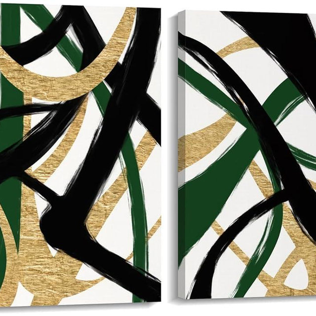 VisionaryBrush Black Gold and Green Wall Art, Abstract Stripes Canvas Poster Print, Modern Simple Geometric Wall Decor for Living Room Bedroom Office Decorative Painting Wood Frame 12" x 16" x 2
