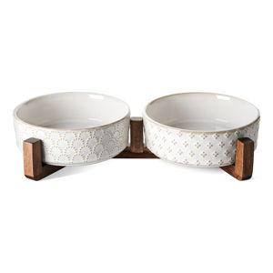 LE TAUCI Dog Bowl Set with Acacia Wood Stand - 1.5-Cup Ceramic Puppy Bowls for Small Dogs, Dual Food and Water Bowls with Weighted Non-Slip Base