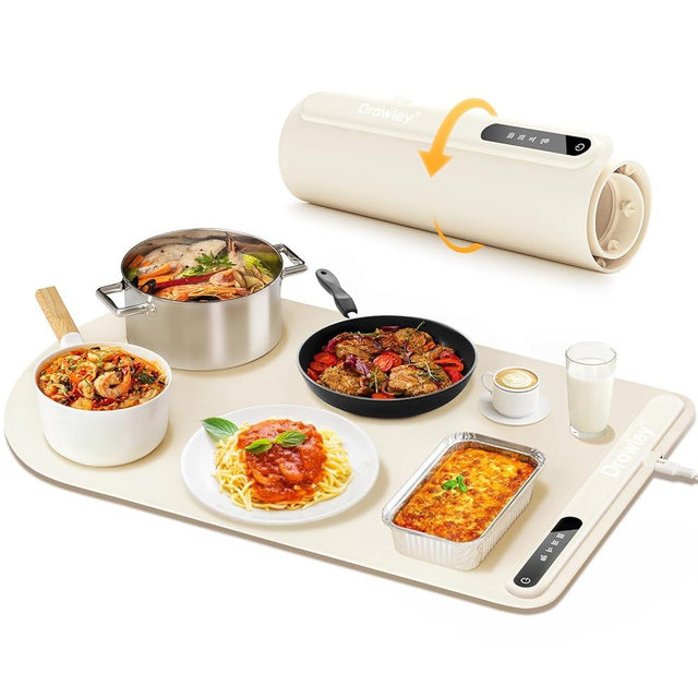 Electric Food Warming Mat for Heating - Portable Foldable Silicone Warming Tray for Party Travel Kitchen Cooking Heating Mat for Food 3 Temperature Settings(Beige)