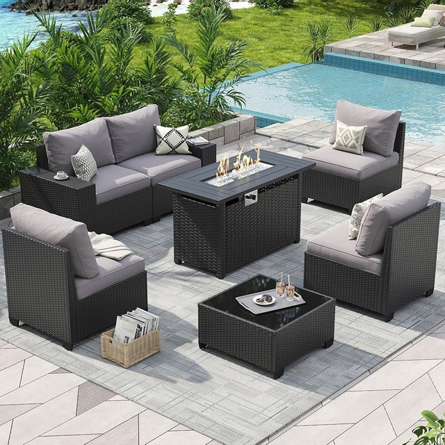 Aoxun Outdoor Patio Furniture Set with 44'' Fire Pit Table, 7 Pcs Outdoor Patio Furniture Sets with 4in Thicken Cushion, Widen Armrests Wicker Outdoor Sectional for Backyard (Waterproof Cover Include)