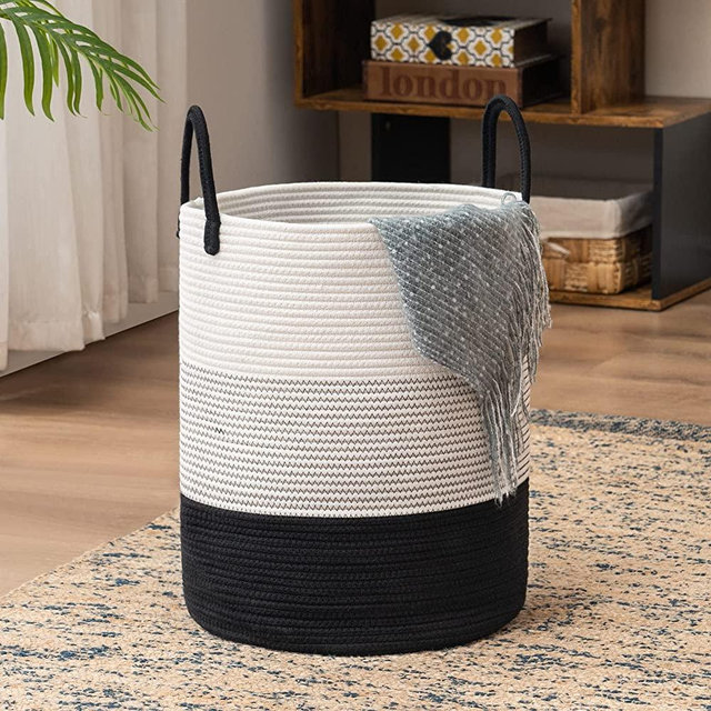 YOUDENOVA Woven Rope Laundry Hamper with Handles, Tall Laundry Basket for Blanket Storage, Heavy Duty Clothes Hamper for Bedroom-58L-Large-Black&White