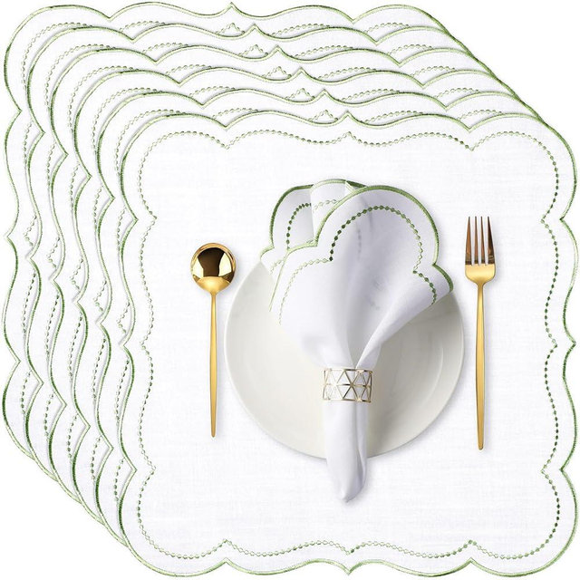 Hahafelt 6 Set Cloth Napkins 18x18inches Scalloped Embroidery Cloth Napkins Washable Polyester Table Dinner for Hotel Restaurant Weddings Events Parties (Sage Green)