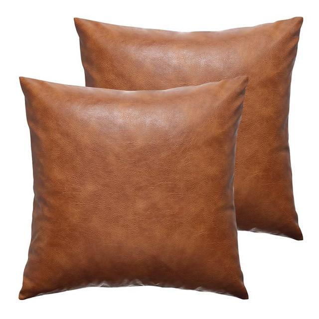GEGELICA 26x26 inch Faux Leather Throw Pillow Covers, Set of 2 Brown Large Thick Solid Farmhouse Modern Decorative Pillow Cases for Outdoor Livingroom Couch Bed Sofa Bedroom Cushion Covers Cognac