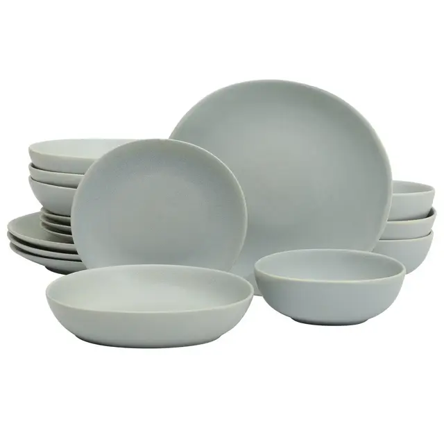 Gibson Elite Zion Mist 16 Piece Stoneware Reactive Glaze Ceramic Plates and Bowls Modern Organic Dinnerware Set - Blue