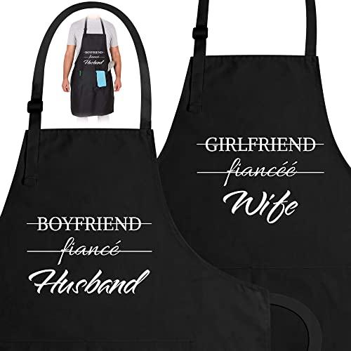 Zulay (2-Pack) Funny Aprons for Women, Men & Couples - Adjustable Universal Fit Cooking Apron - Black Apron with Pockets for BBQ, Baking, Painting, Wedding Gift & More - (Husband & Wife)