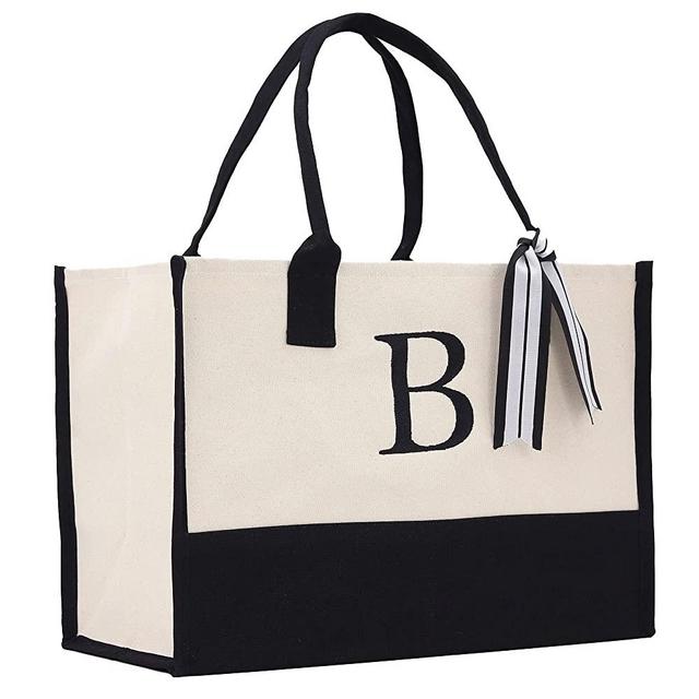 Personalized Gift Monogram Initial 100% Cotton Two Tone Chic Tote Bag with Customize Option - Black