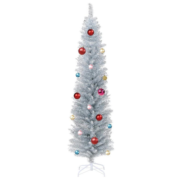 Wellwood 6 ft Silver Tinsel Pencil Christmas Tree with 24ct Ornament Set & Metal Stand