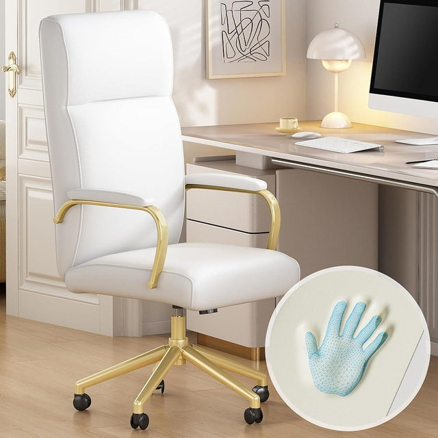 Genpo White and Gold Office Desk Chair Memory Foam, High Back Leather Executive Office Chair with Wheels and Arms for Women Girls Teens Adults