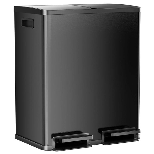 DUMOS Kitchen Trash Can, 2x8-Gallon Dual Trash Can with Lid, Stainless Steel Garbage Bin with 2 Removable Inner Buckets, Soft-Close Foot Pedal for Kitchen, Home, Office, Glossy Black