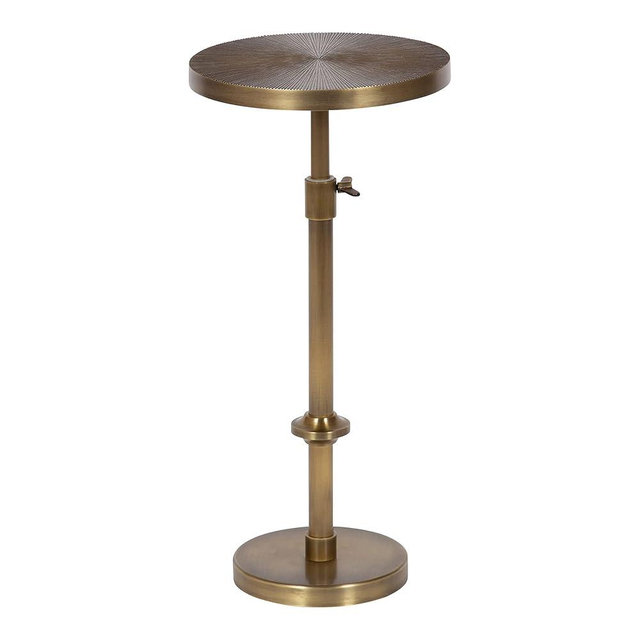 Kate and Laurel Engles Traditional Adjustable-Height Pedestal Drink Table, 10 x 10 x 30, Antique Brass, Vintage Round Indoor Metal Plant Stand with Embossed Sunburst Pattern