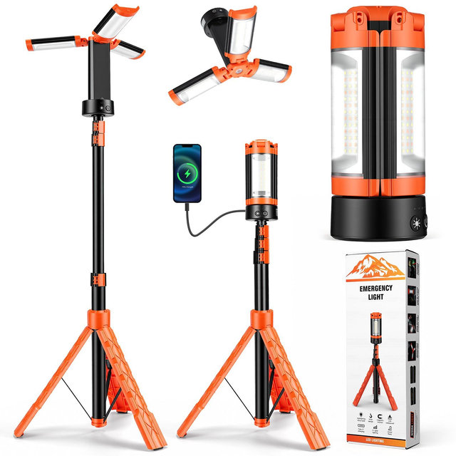 Rechargeable Camping Light with Stand 10000mAh, Cordless Work Light with 3 LED Heads, 2562 Lumens Tripod Work Light for Camping Emergency Garage
