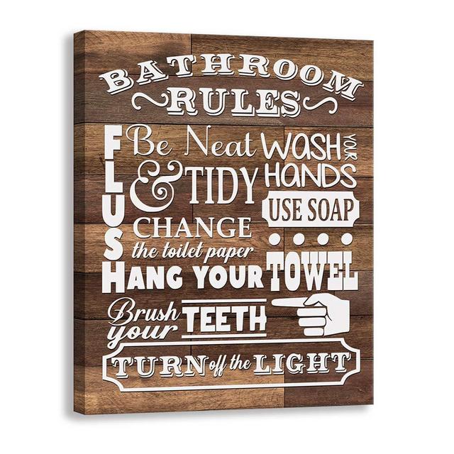 Kas Home Bathroom Canvas Wall Art | Rustic Bathroom Funny Rules Prints Signs Framed | Wood Background Bathroom Laundry Room Decor (12 x 15 inch, Bathroom Rules - 01)