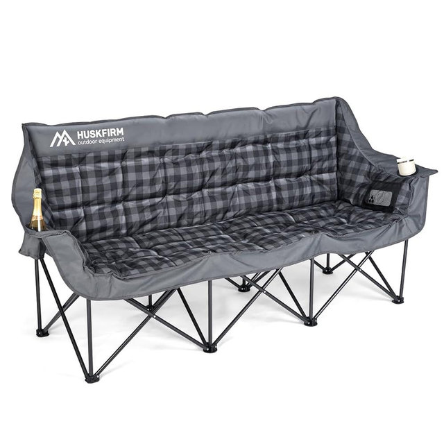 Huskfirm 3 Person Camping Chair Padded Loveseat Camping Chair Folding Camping Couch Portable Double Camping Chairs Heavy Duty Camp Chair for Adults Outdoor Lawn with Two Cup Holders and Carry Bag