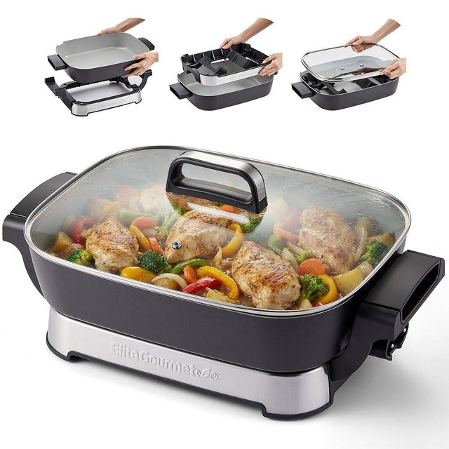 Elite Gourmet 15" x 12" x 3" Stow-Away Foldable Electric Skillet, Ceralast™ PFAS Free Ceramic, 1500W Rapid Heat, Dishwasher Safe Pan & Lid, Black/Grey