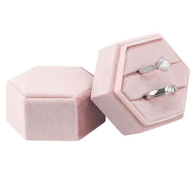 DesignSter Velvet Jewelry Ring Box,2 Slots Jewelry Ring Gift Box Vintage Ring Display Holder with Detachable Lid for Proposal, Engagement, Wedding, Ceremony(Peach pink)