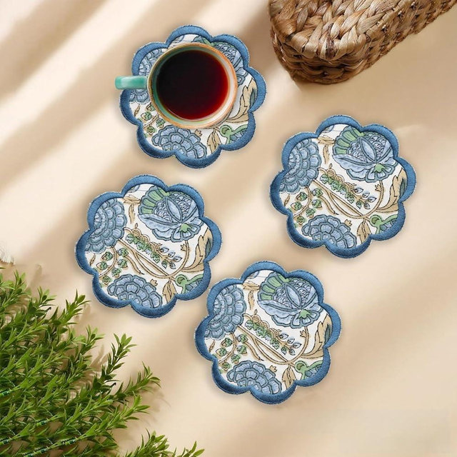 Ridhi Hand Block Print 8- pcs Canvas Cotton Drink Absorbent Stylish Embroidery Scallop Coaster Set Boho Modern Home Decor and Wooden Table Protection 5 inch Asparagus Green