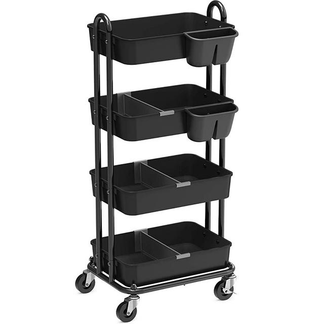 SimpleHouseware 4-Tier Multifunctional Rolling Utility Cart with Basket Dividers and Hanging Buckets, Black