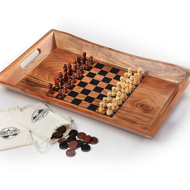 Wonder-ful Gifts Serving Tray with Chessboard - Chess and Checkers Pieces Included