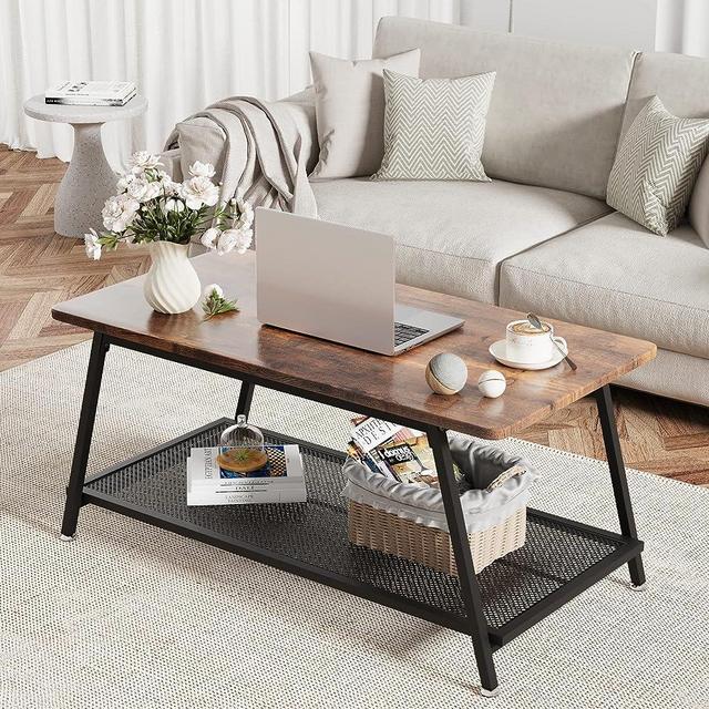 IDEALHOUSE Coffee Table Industrial Center Table 2-Tier Living Room with Mesh Shelf Rectangle Wood Cocktail Table Metal Frame, Easy to Assemble, Rustic Brown