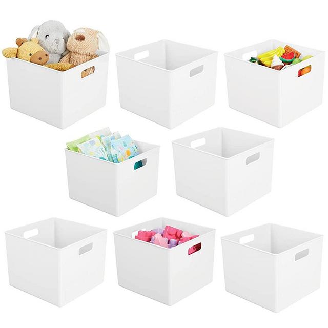mDesign Small Modern Stackable Plastic Storage Organizer Bin Basket with Handle for Home Organization - Shelf, Cubby, Cabinet, Entryway, and Closet Organizing Decor - Ligne Collection - 8 Pack - White