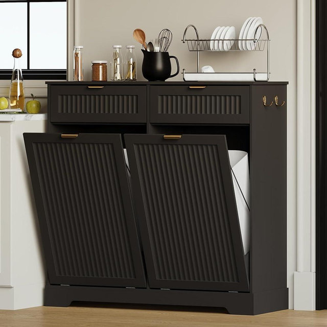 METOTI 2 x 13 Gallons Double Tilt Out Trash Can Cabinet, Wooden Fluted Trash Garbage Can Cabinet with 2 Drawers, Hidden Laundry Hamper with Hooks for Kitchen Living Room, Black