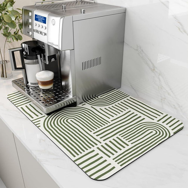 AMOAMI-Coffee Mat Hide Stain Rubber Backed Absorbent Dish Drying Mat for Kitchen Counter-Coffee Bar Accessories Fit Under Coffee Maker Coffee Machine Espresso Machine Dish Rack GREEN LINE 12X19