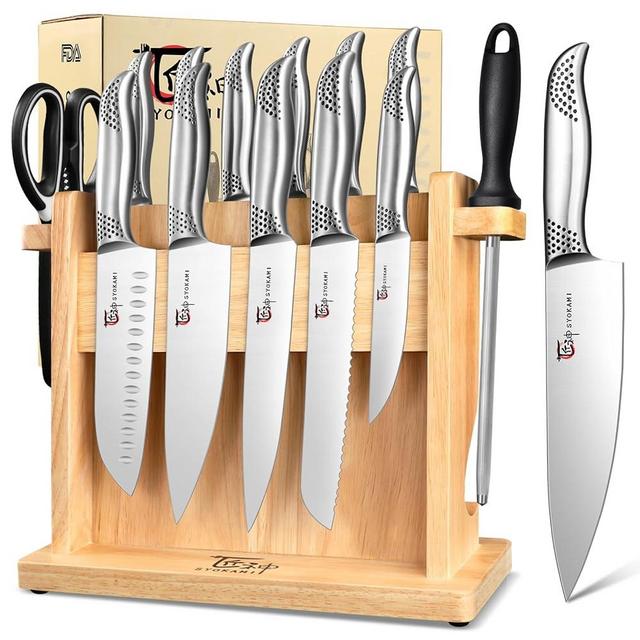SYOKAMI Knife Block Set, 14 Pieces Japanese Style Knife Set With Magnetic Holder, High Carbon Stainless Steel Ultra Sharp Knives With Ergonomic Handle, Including Sharpener And Shears, Black Dot