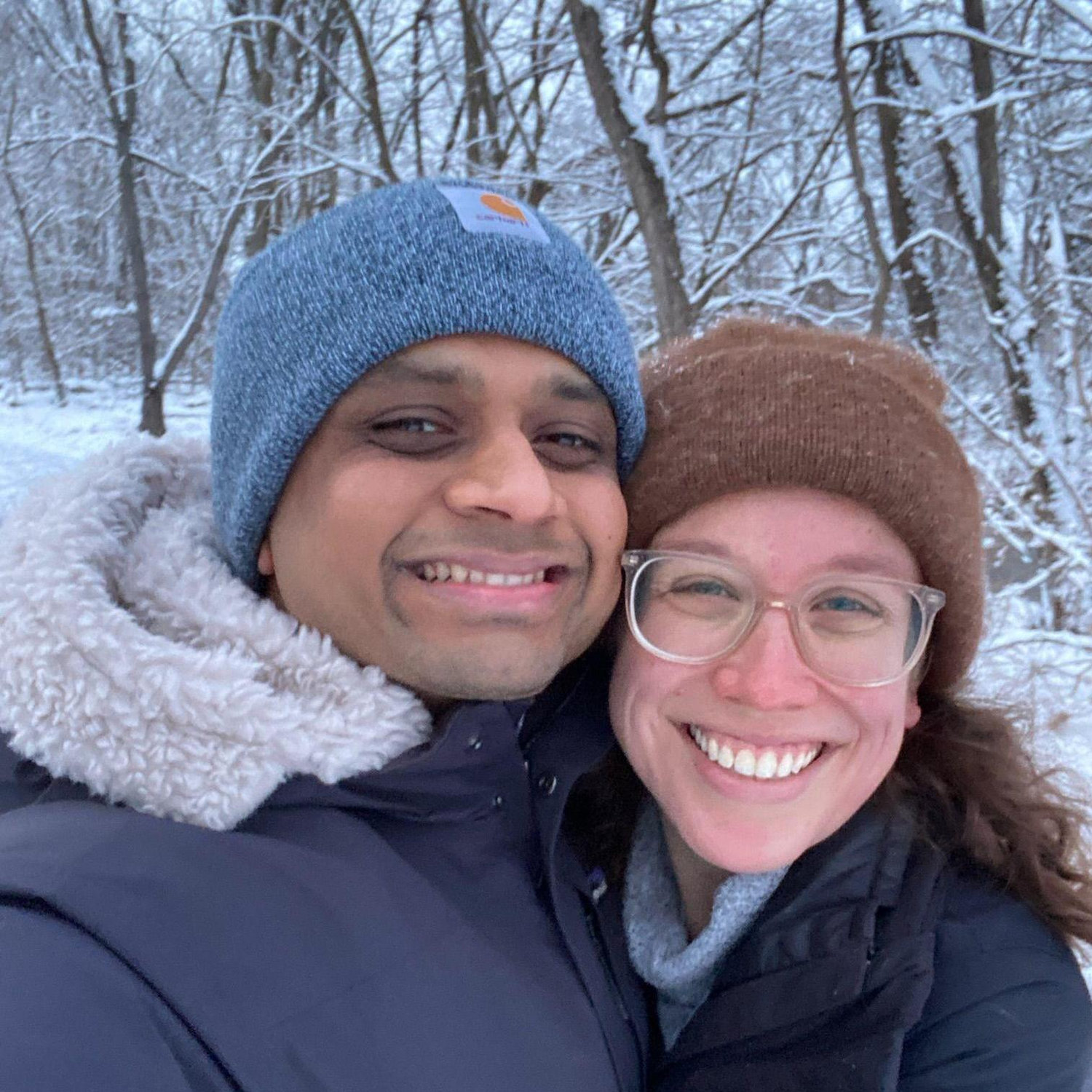 January 2024: Another snowy hike (this time in VA) to celebrate one year of dating.