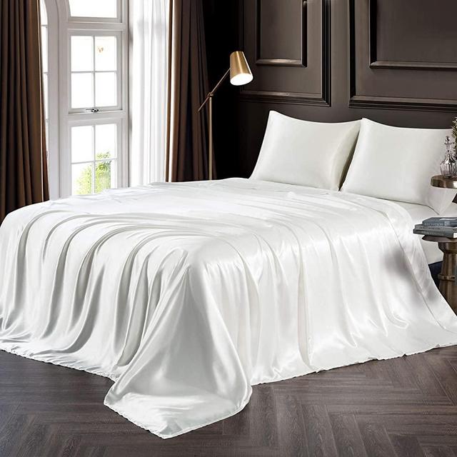 Chvonttow 4 Piece Satin Sheets King Size Luxury Silky Satin Bed Sheets Set, Wrinkle, Fade, Stain Resistant, 1 Deep Pocket Fitted Sheet + 1 Flat Sheet + 2 Pillowcases (Ivory White)