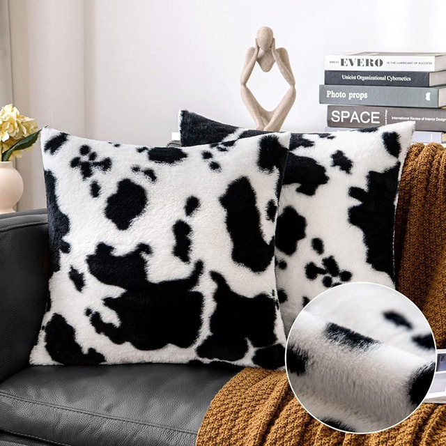 Woaboy Pack of 2 Luxury Faux Fur Throw Pillow Covers Western Decor Cowhide Decorative Soft Brindle Fluffy Plush Couch Pillow Covers Living Sofa Bedroom 18x18 Inch, Black White