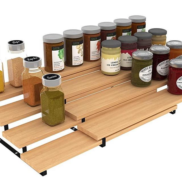 Derkniel 4 Tier Expandable Bamboo Spice Rack Cabinet Step Shelf Organizer for Kitchen Pantry Countertop Cupboard, Set of 2 Black