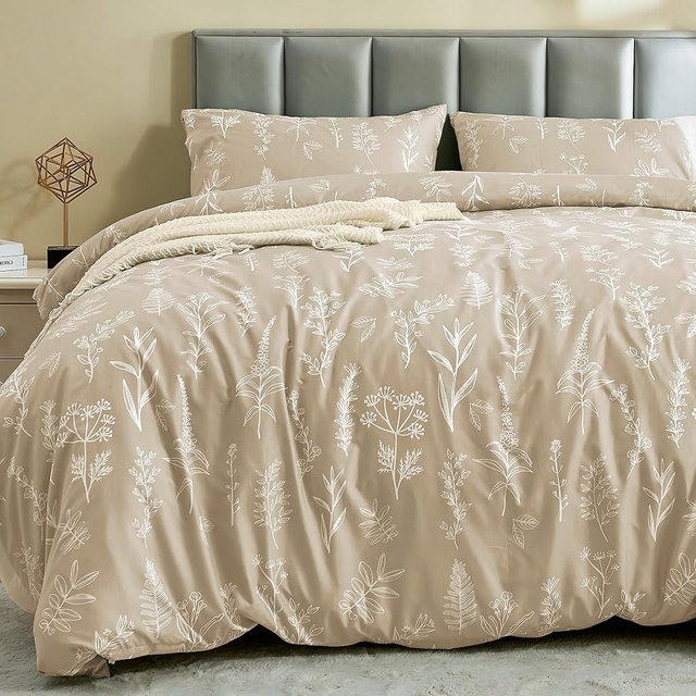MUXHOMO Duvet Cover Queen Size, Reversible Floral Beige Duvet Cover Set with Zipper Closure, 3 Pieces Botanical Patterns Soft Microfiber Bedding Set with 4 Ties (90"x90", 2 Pillow Cases)