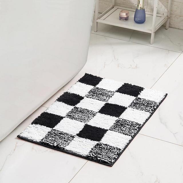 CozeCube Checkered Bath mats for Bathroom Non Slip, Fluffy Absorbent Microfiber Bath mat Washable, Aesthetic Bathroom Rugs, Cute Bath mat for Shower Sink, Jet Black, 24" x 16"