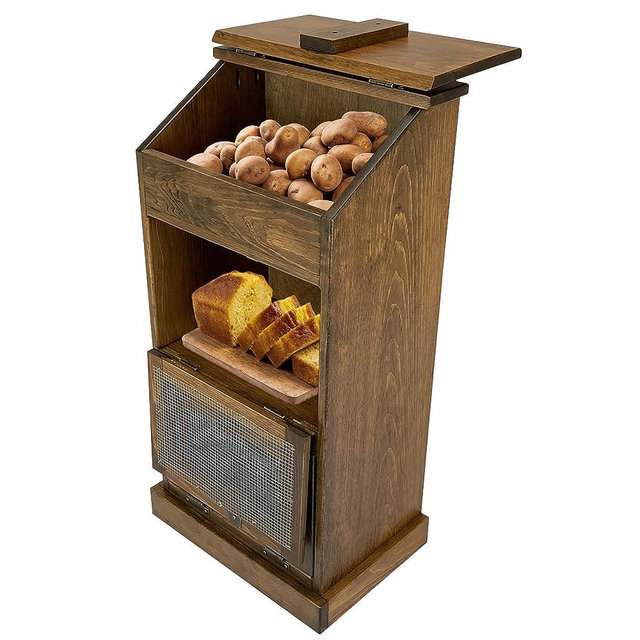 Peaceful Classics Potato Storage Wood Box, Wooden Bread Storage Bins, Decorative Potato and Onion Storage Bin, Potato Bin w/ Grocery Section, Wooden Vegetable Storage w/ Lid for Kitchen Pantry, Special Walnut
