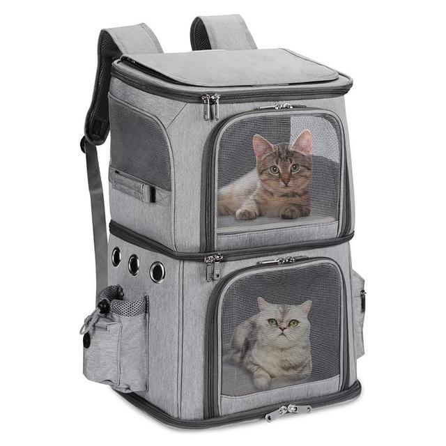 HOVONO Double-Compartment Pet Carrier Backpack for Small Cats and Dogs, Cat Travel Carrier for 2 Cats, Perfect for Traveling/Hiking/Camping, Grey, XL