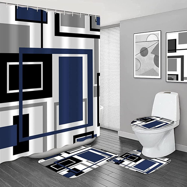 Yddsky 4 Pcs Blue Geometric Shower Curtain Sets Non-Slip Rugs Bath Mat, Toilet Cover, U-Shaped Mat, Abstract Geometric Modern Shower Curtain with 12 Hooks, Black and Blue Bathroom Set