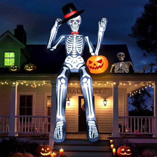 OurWarm 12 FT Halloween Inflatable Outdoor Decoration, Giant Sitting Skeleton Halloween Blow up Yard Decorations with Built-in LEDs, Scary Halloween Inflatables for Roof Balcony Lawn Garden Decor