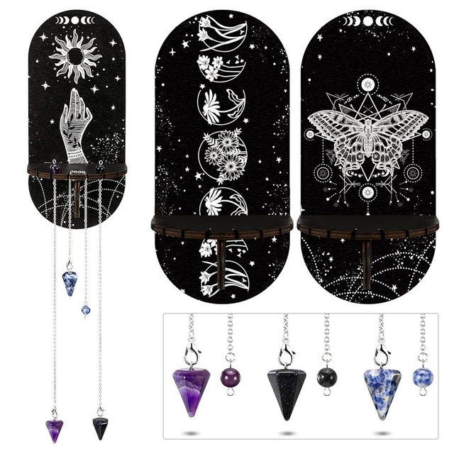 Queekay 3 Pieces Small Crystal Shelf Display Black Butterfly Crystal Shelf Magical Boho Hand Moon and Stars Rack Witch Stuff Wooden Moon Phases Holder Stand with 3 Pieces Stone