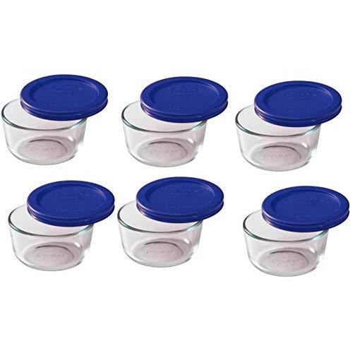 Pyrex Storage 1 Cup Round Dish, Clear with Blue Lid, Pack of 6 Containers