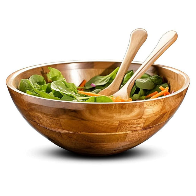 PALM NAKI Premium Acacia Wood Salad Bowl and Servers Set - 3 Piece, Sustainable & Durable - Available in Two Sizes - Elegant and Rustic Design for Home, Kitchen, and Dining (12 x 4)