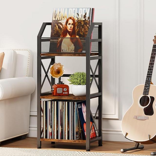 Homeiju 3 Tier Record Player Stand, Metal Record Storage Organizer Shelf, Magazine File Holder, Small Storage Rack for Albums, Books, Records, Magazines, Documents