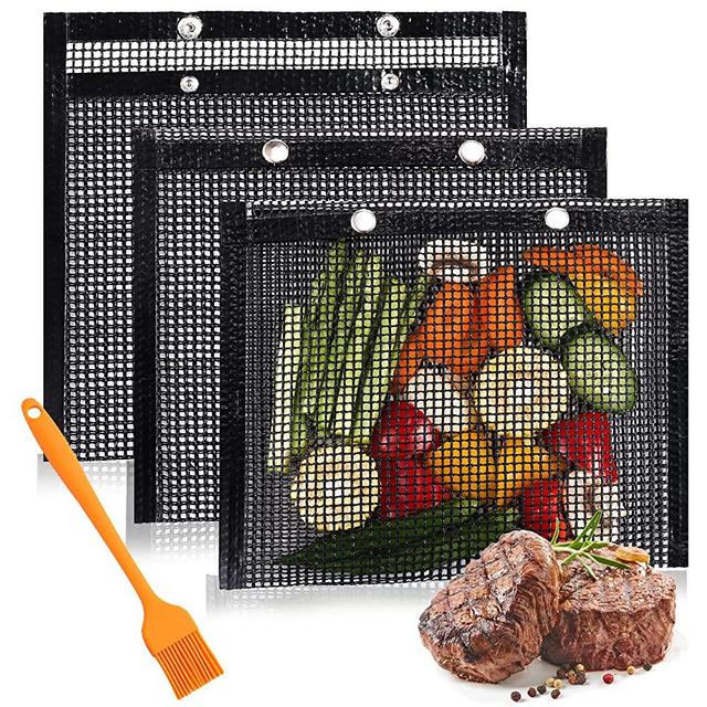 BBQ Mesh Grill Bags 3 Pack, Non-Stick Barbecue Bags Reusable for Outdoor Grills & Open Smokers, Grill Tools & Accessories Heat-Resistant, Grilling Pouches with 1 PCS Basting Brushes