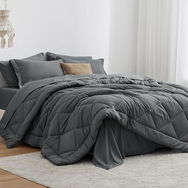Love's cabin King Size Comforter Set Dark Grey, 7 Pieces King Bed in a Bag, All Season King Bedding Sets with 1 Comforter, 1 Flat Sheet, 1 Fitted Sheet, 2 Pillowcase and 2 Pillow Sham