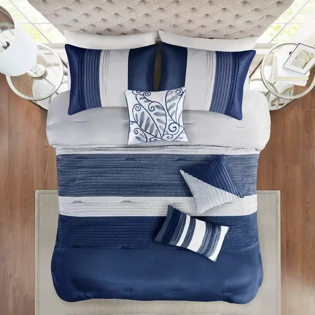 Madison Park 7pc California King Salem Comforter Set Navy: Elegant Stripe Design, Polyester Faux Silk, Includes Bed Skirt & Decorative Pillows