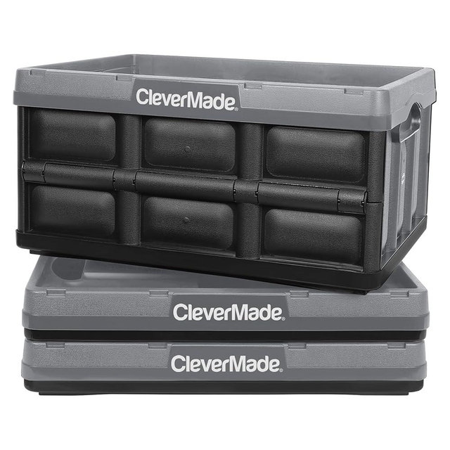 CleverMade Collapsible Storage Bin, Stone, 3PK - 32L (8 Gal) Stackable Storage Containers, Holds 66lbs Per Bin - Plastic Storage Bins for Organizing, Closet Storage, Garage Storage
