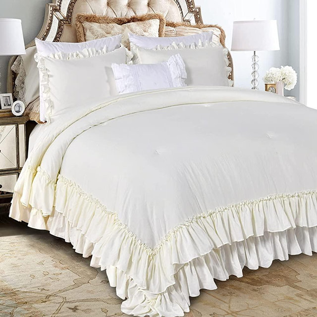 QSH Queen’s House Ivory Ruffle Comforter Set,Queen Size Farmhouse Ruffle Comforter Set Shabby Chic Bedding Microfiber Ivory Bedding Set Farmhouse Bedding Set Down Alternative Bedding Comforter Set