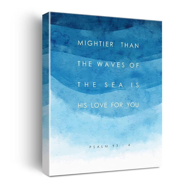 Bible Verse Canvas Print Decor Mightier Than the Waves Psalm 93:4 Wall Painting Posters Blue Artwork 12”X15”Home Office Decoration (Framed)